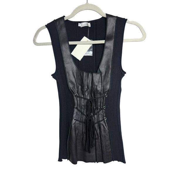 PINKO Wool Blend Ribbed Tank with Lambskin Leather Panels NWT Sz. L - Picture 1 of 5